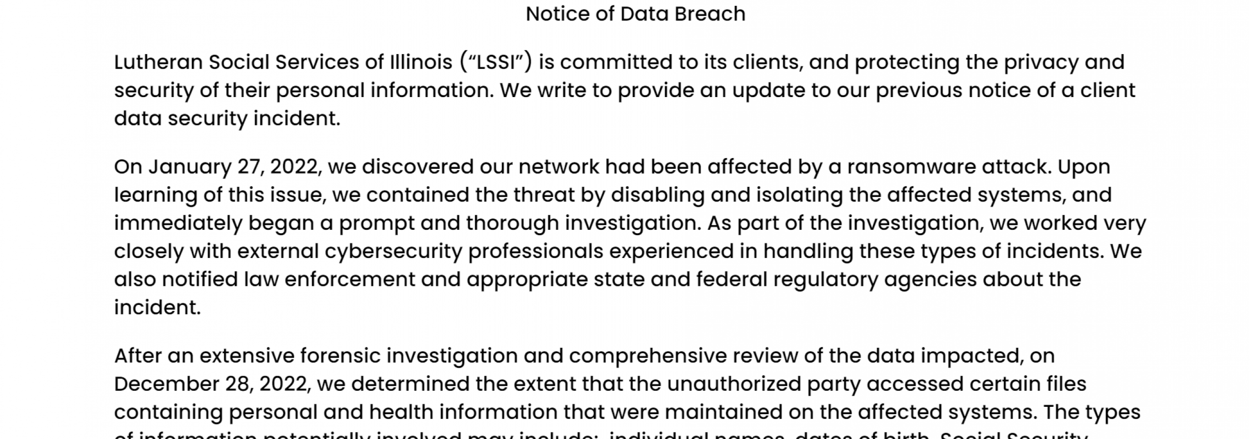 photo of lutheran social services of illinois data breach notice