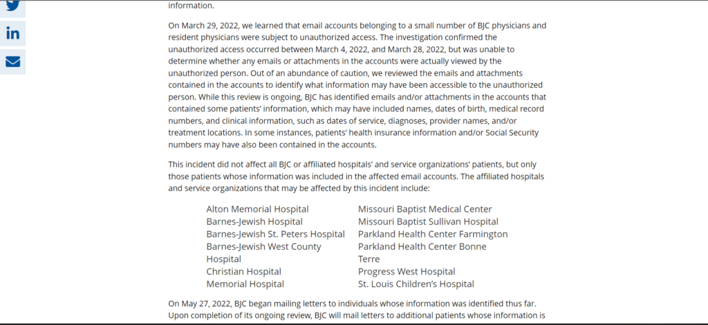 BJC healthcare data breach notice