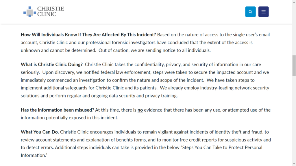 christie clinic data breach notification letter