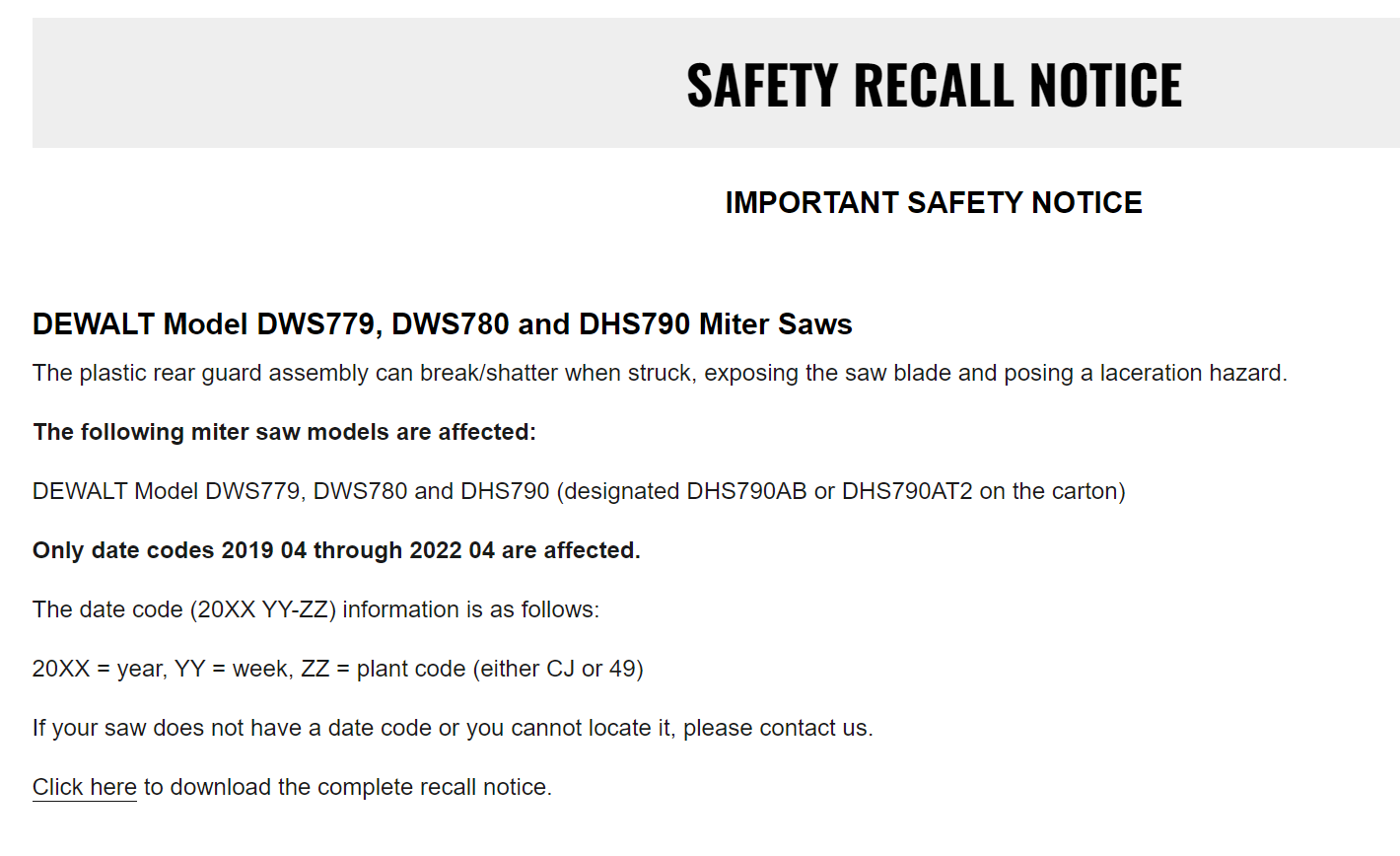 DeWALT Miter Saw Recall Investigation Power Tool Injury