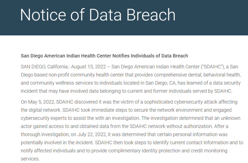 photo of the san diego naive american health center data breach notice