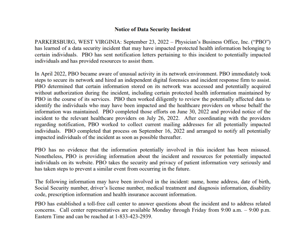 photo of physicians business office data breach notice