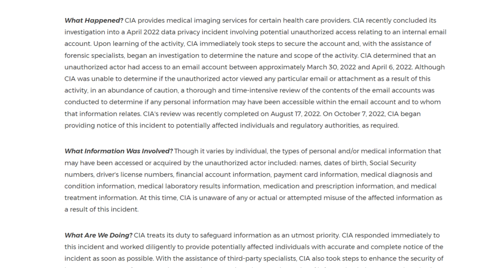 photo of cardiac imaging data breach notice