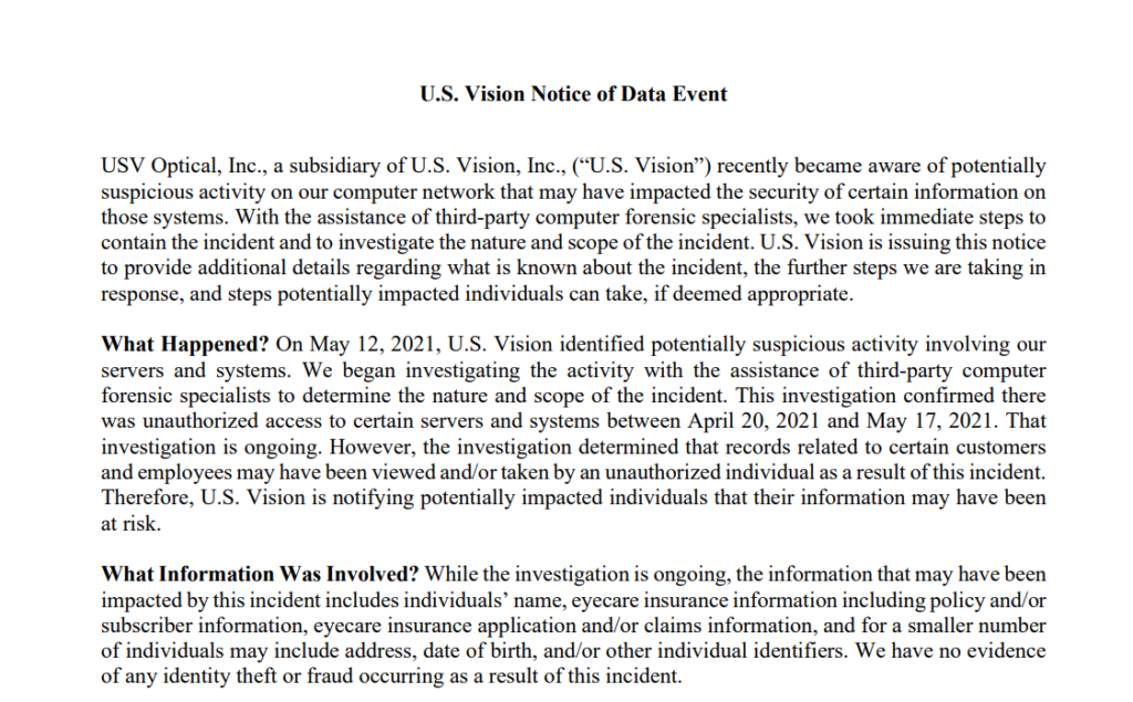 photo of US Vision data breach notice