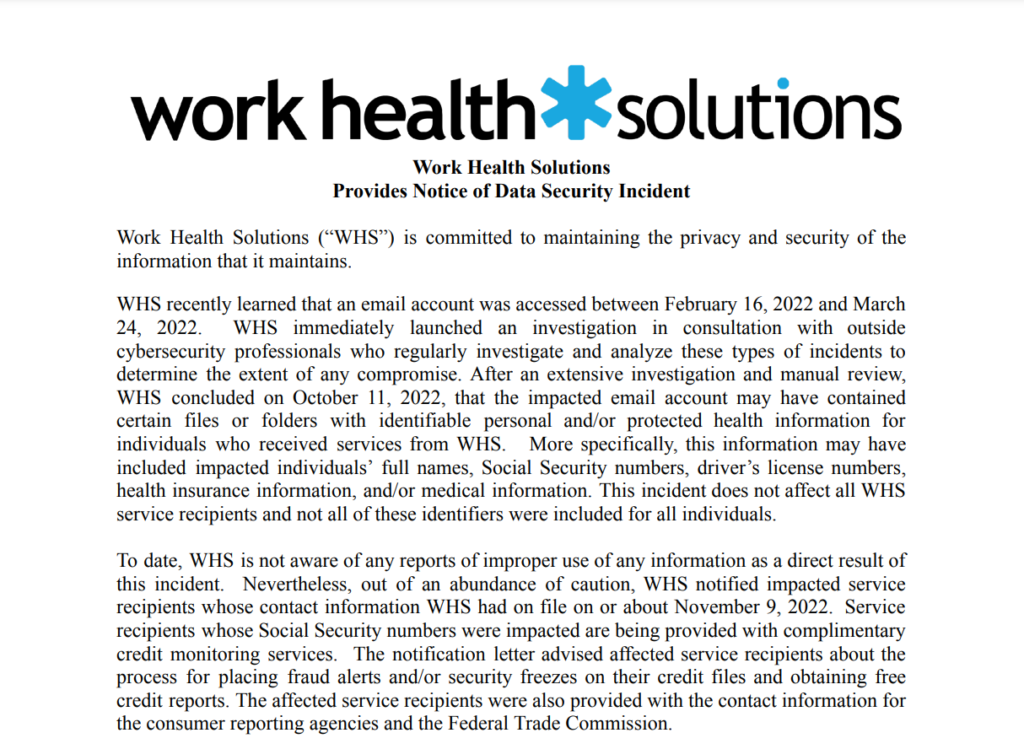 photo of work health data breach notice