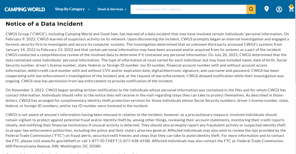 photo of camping world data breach notice