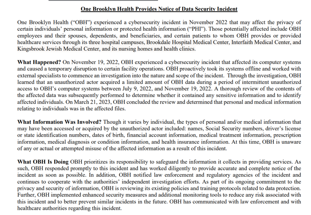 photo of one brooklyn health data breach notice
