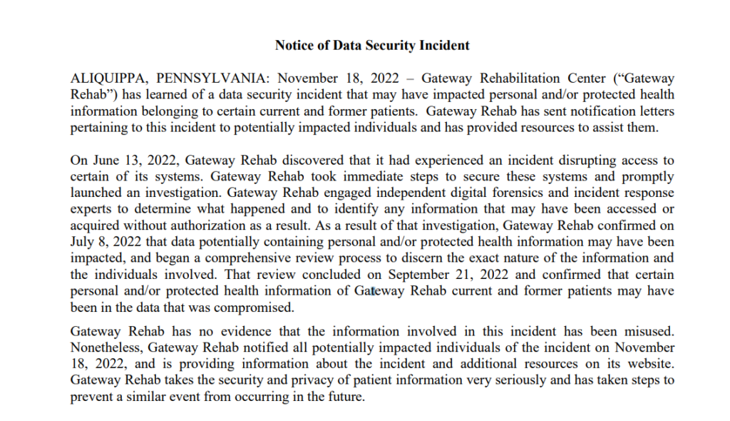 photo of gateway rehab data breach notice