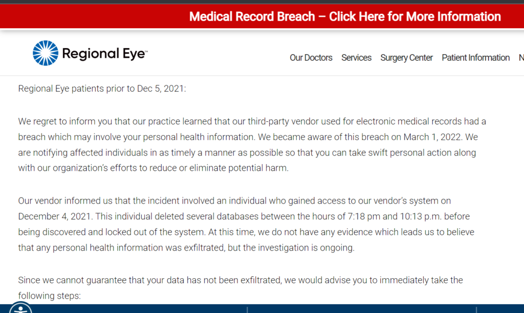 regional eye data breach notice