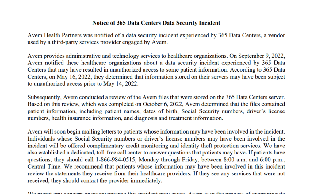 photo of aven health 365 data centers breach notice