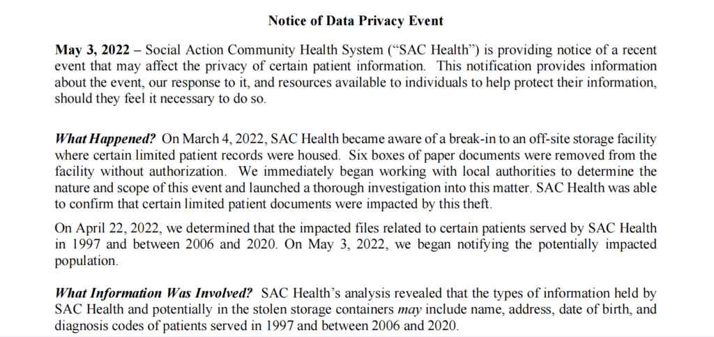 sac health data breach notice