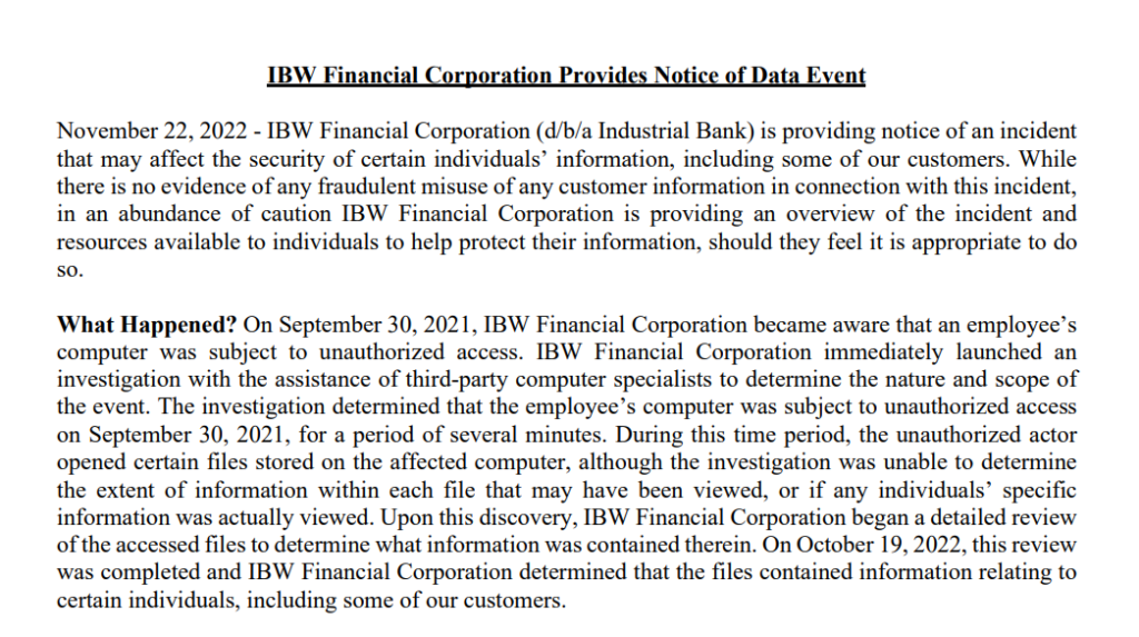IBW data breach notice