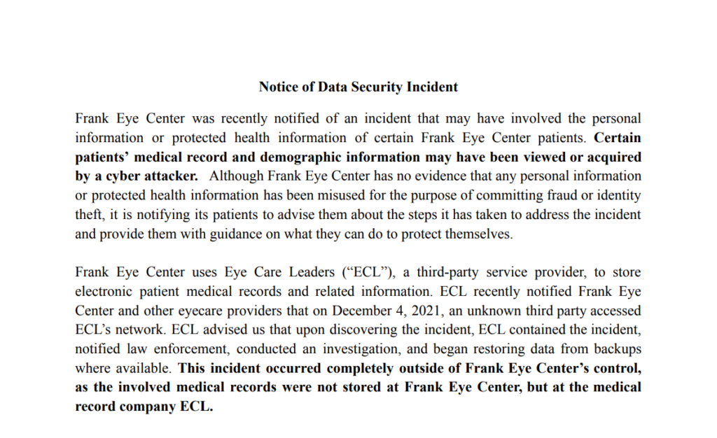 frank eye center data breach notice