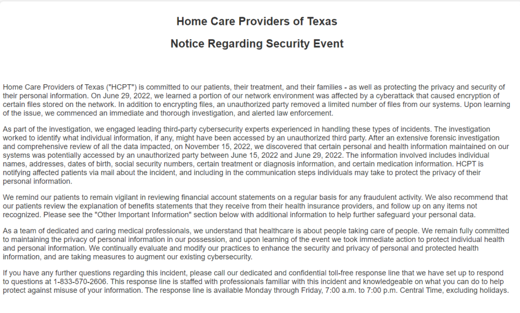 photo of home care providers data breach notice
