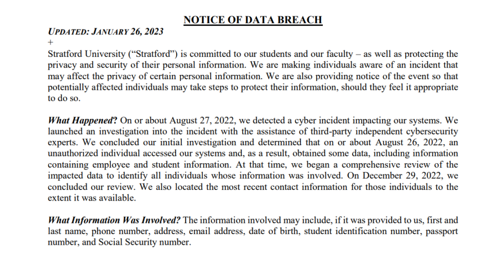 photo of stratford university data breach notice