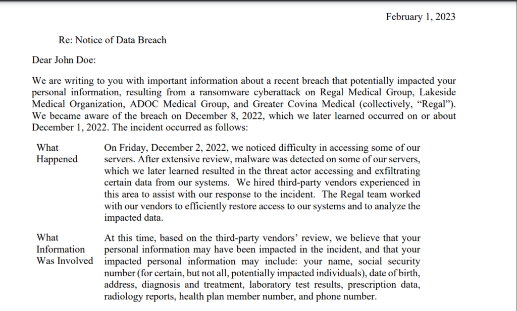 photo of regal medical data breach notice