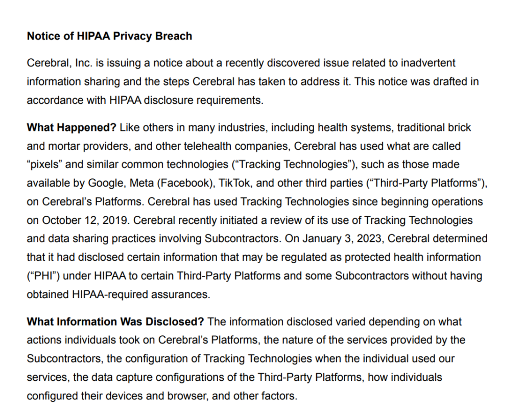 photo of the cerebral meta pixel breach notice