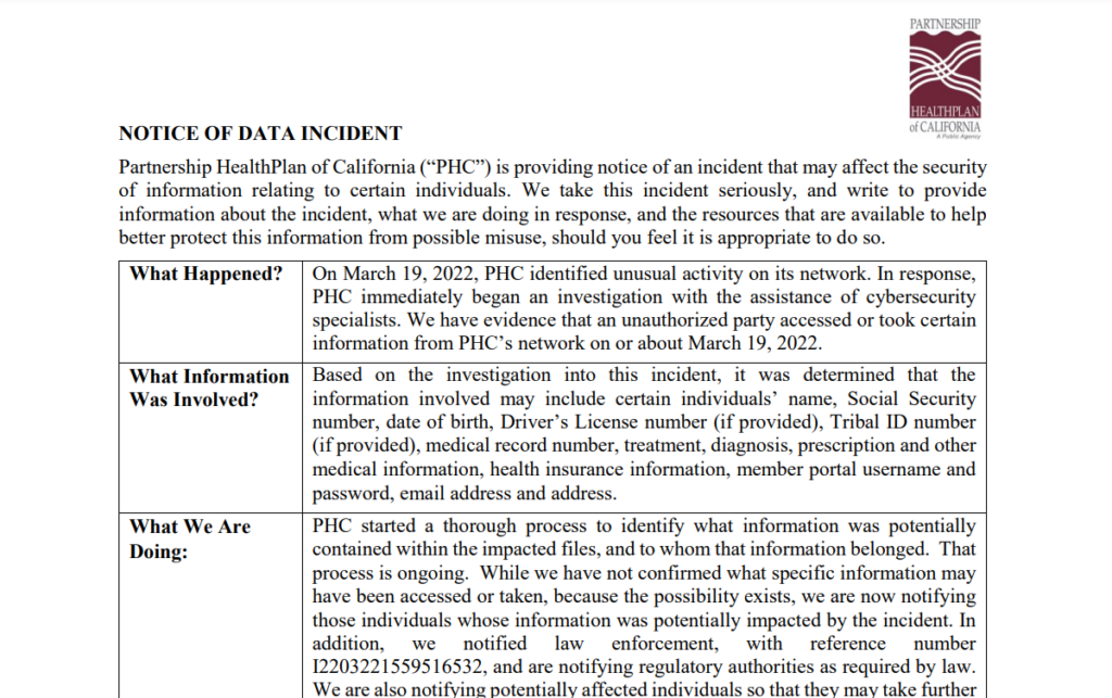 partnership healthplan data breach notice