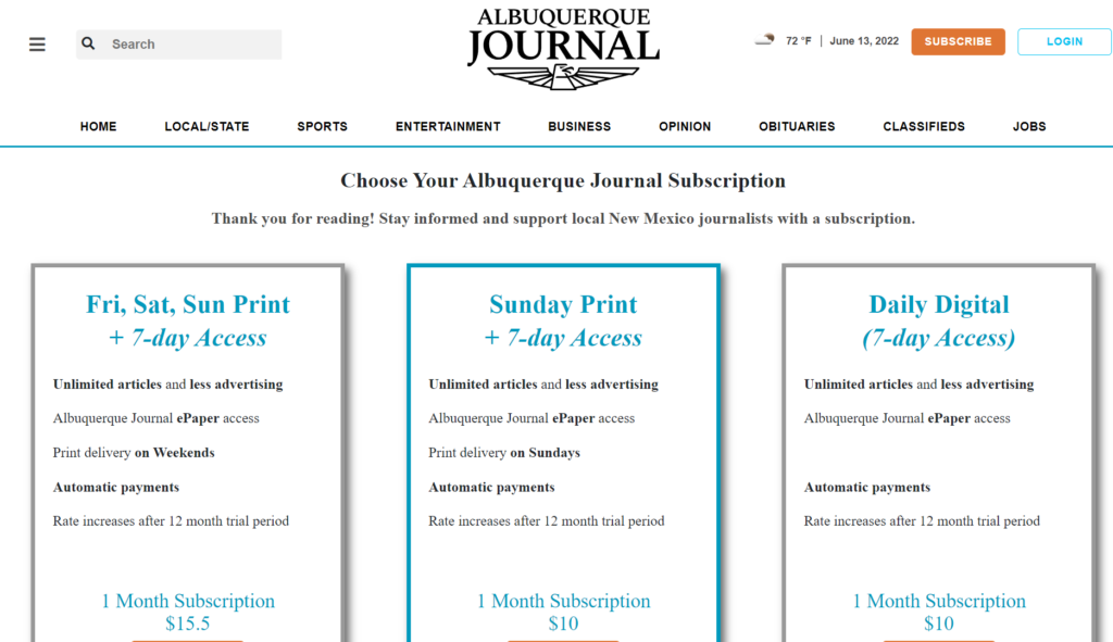 albuquerque journal subscription terms