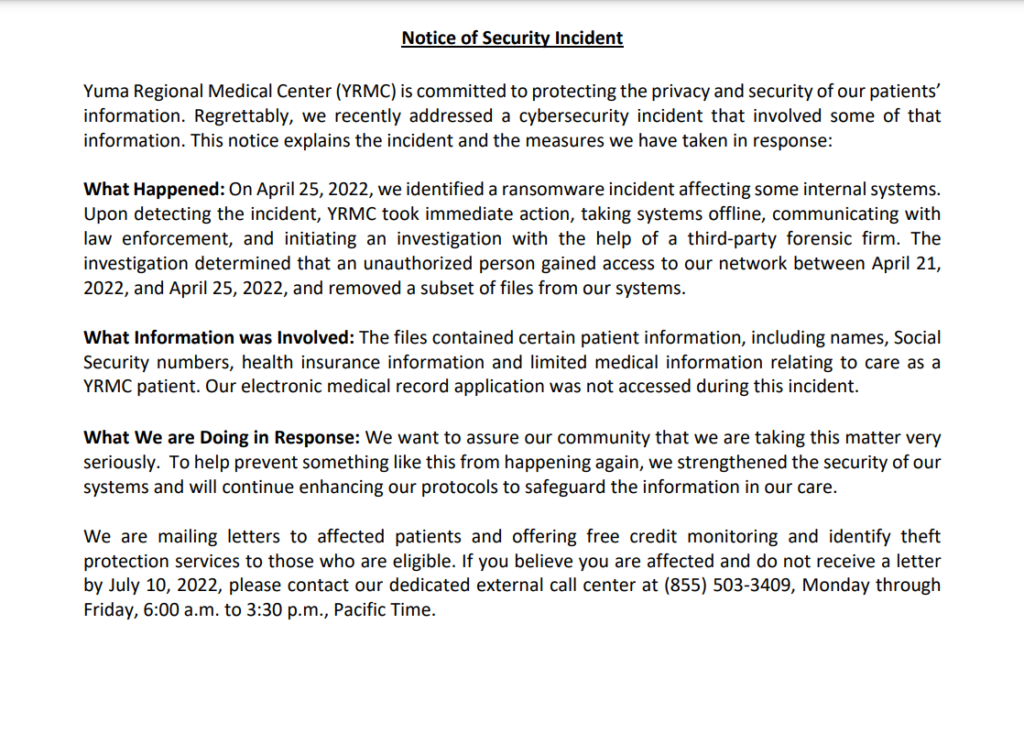 yuma regional data breach notice