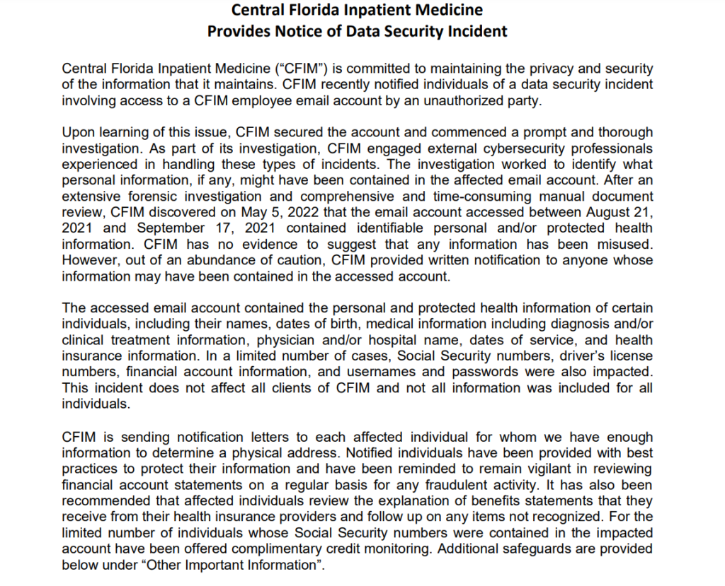 CFIM data breach notice