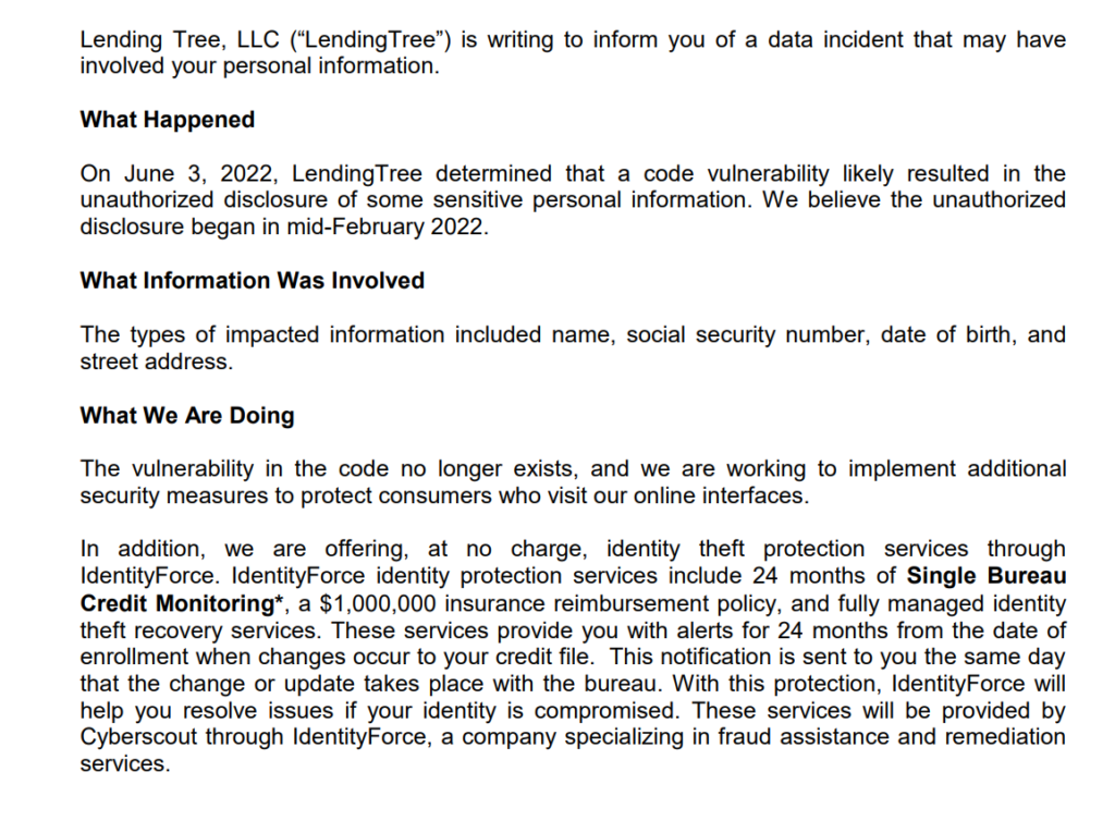 photo of lendingtree data breach notice