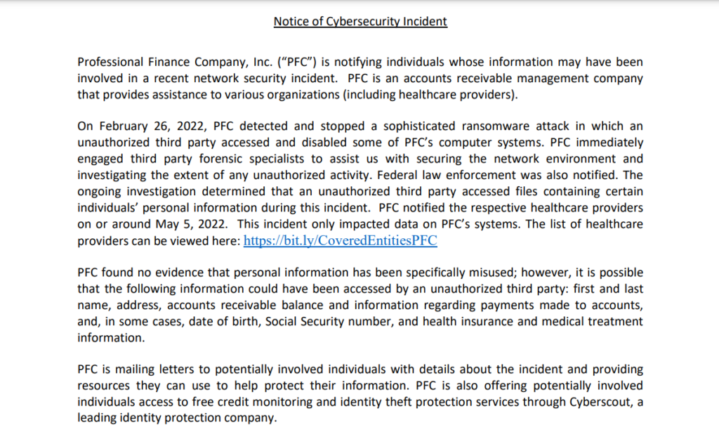 photo of the PFC data breach notice