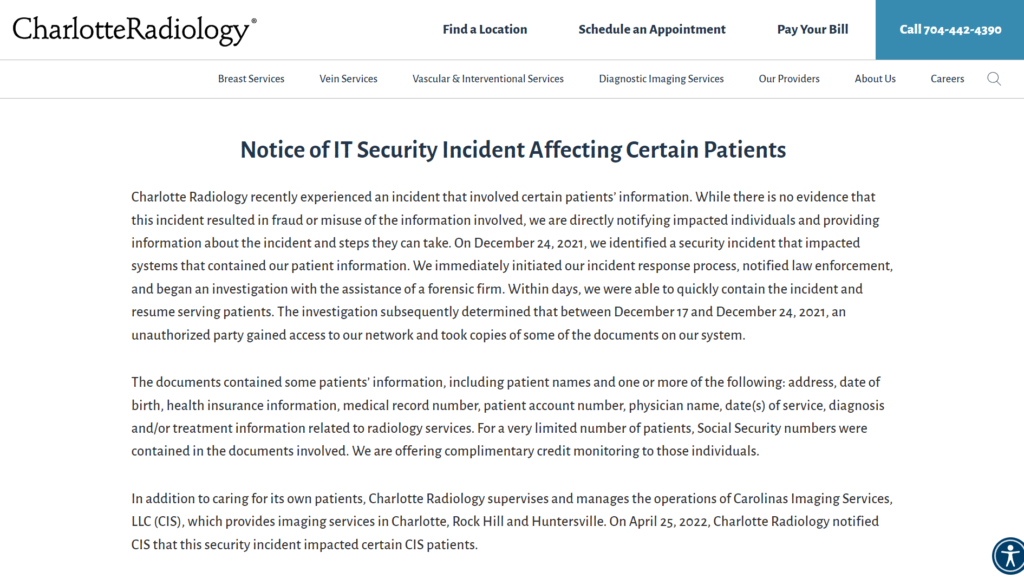 photo of charlotte radiology data breach notice