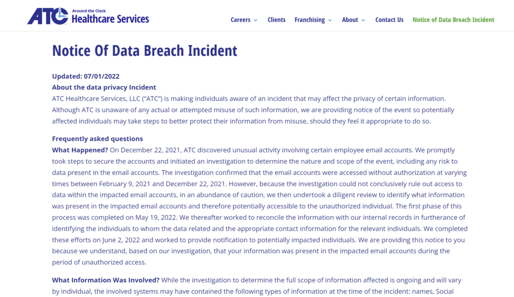 atc healthcare data breach notice