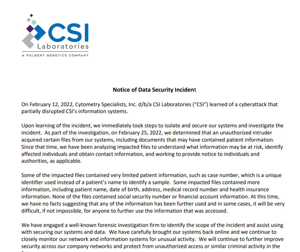 CSI Labs data breach notification