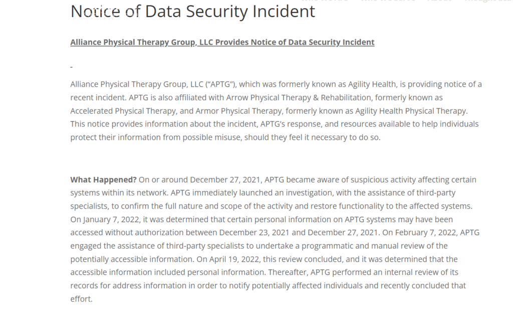 alliance physical therapy group data breach notice