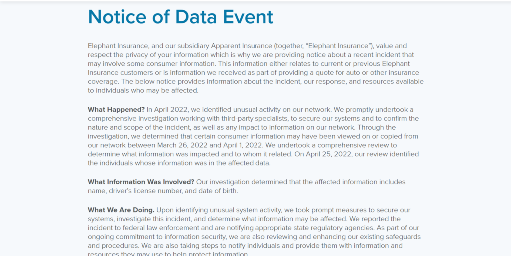 photo of the elephant insurance data breach notice