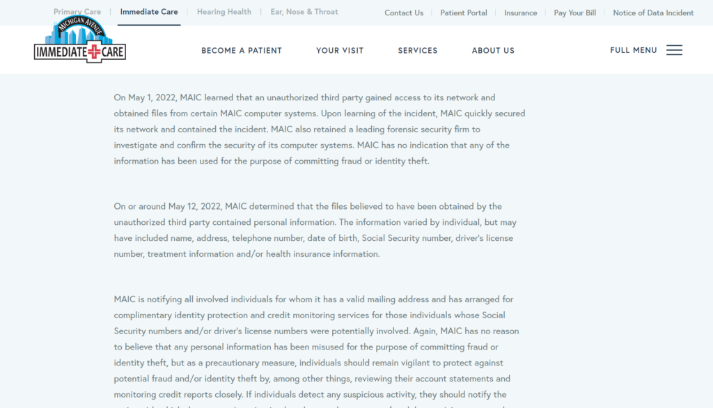 michigan avenue immediate care data breach notice