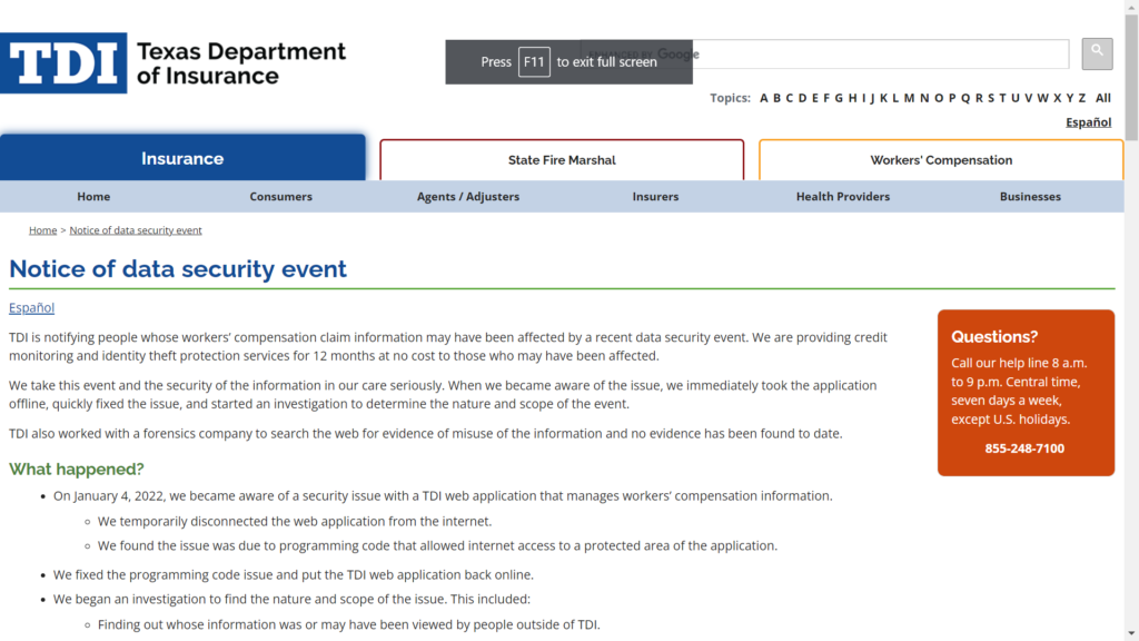 texas department of insurance data breach notice